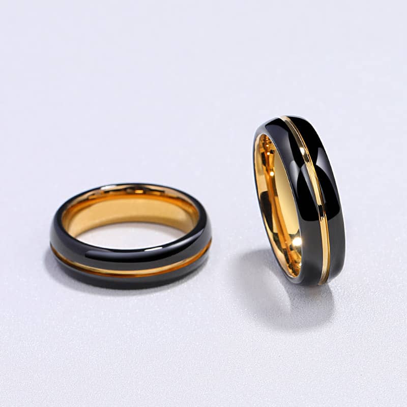 (image for) Domed Gold Tungsten Wedding Bands With Groove, Polished Finish Tungsten Carbide Wedding Ring With Black Face - 6mm, Couple Tungsten Jewelry Set For Women Or Men