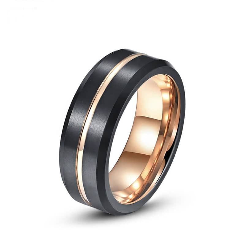 (image for) Rose Gold Tungsten Wedding Bands With Groove, Mens Beleved-Edge Tungsten Carbide Wedding Ring With Black Face - 8mm, Matching Tungsten Jewelry Set For Couples