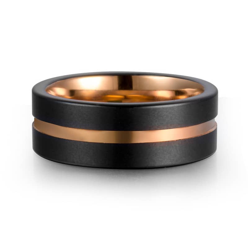 (image for) Rose Gold Tungsten Wedding Bands With Groove, Mens Beleved-Edge Tungsten Carbide Wedding Ring With Black Face - 8mm, Matching Tungsten Jewelry Set For Couples