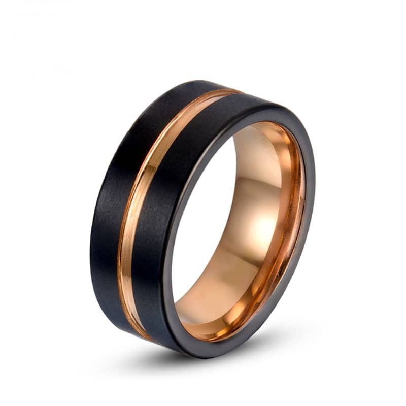 (image for) Rose Gold Tungsten Wedding Bands With Groove, Mens Beleved-Edge Tungsten Carbide Wedding Ring With Black Face - 8mm, Matching Tungsten Jewelry Set For Couples