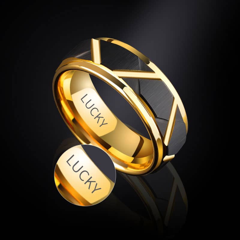 (image for) Gold Tungsten Wedding Bands With Grooves And Step Edges, Brushed Black Face Tungsten Carbide Wedding Ring - 6mm - 8mm, Couple Jewelry Set For Women Or Men