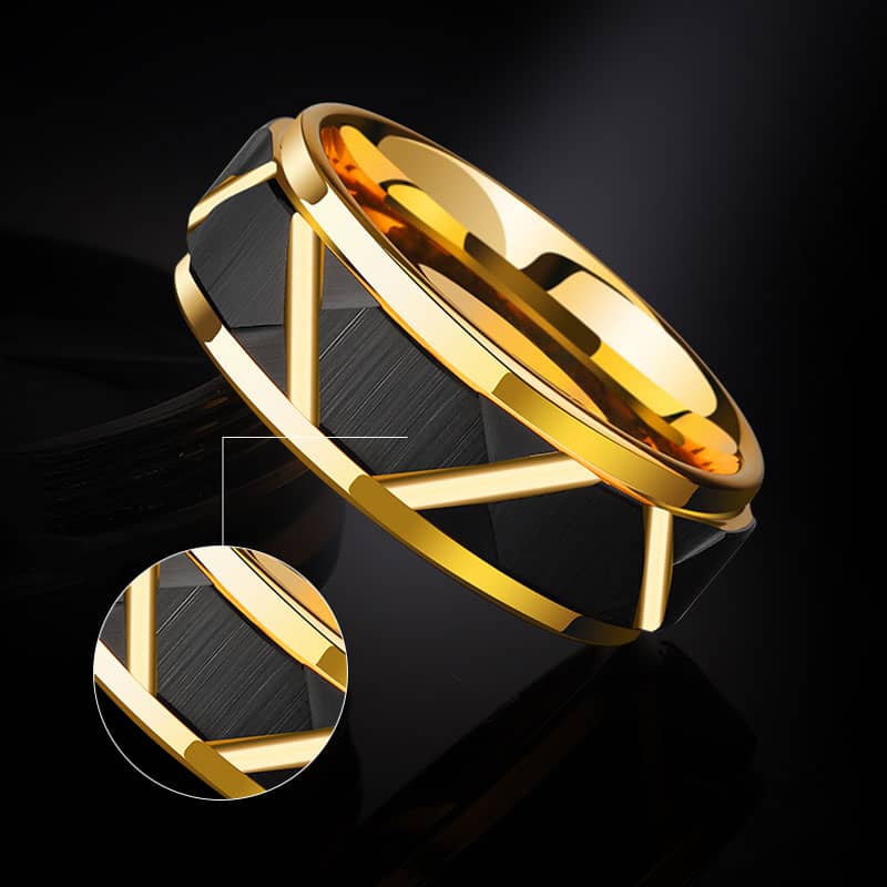 (image for) Gold Tungsten Wedding Bands With Grooves And Step Edges, Brushed Black Face Tungsten Carbide Wedding Ring - 6mm - 8mm, Couple Jewelry Set For Women Or Men