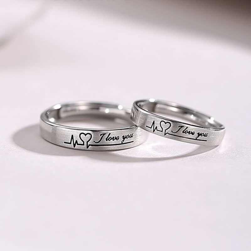 (image for) I Love You Black Engraved Matching Heart Beat Rings For Couples In Sterling Silver