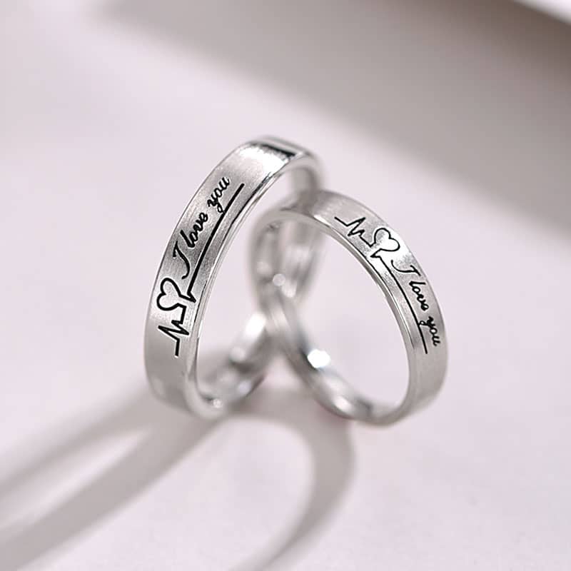 (image for) I Love You Black Engraved Matching Heart Beat Rings For Couples In Sterling Silver
