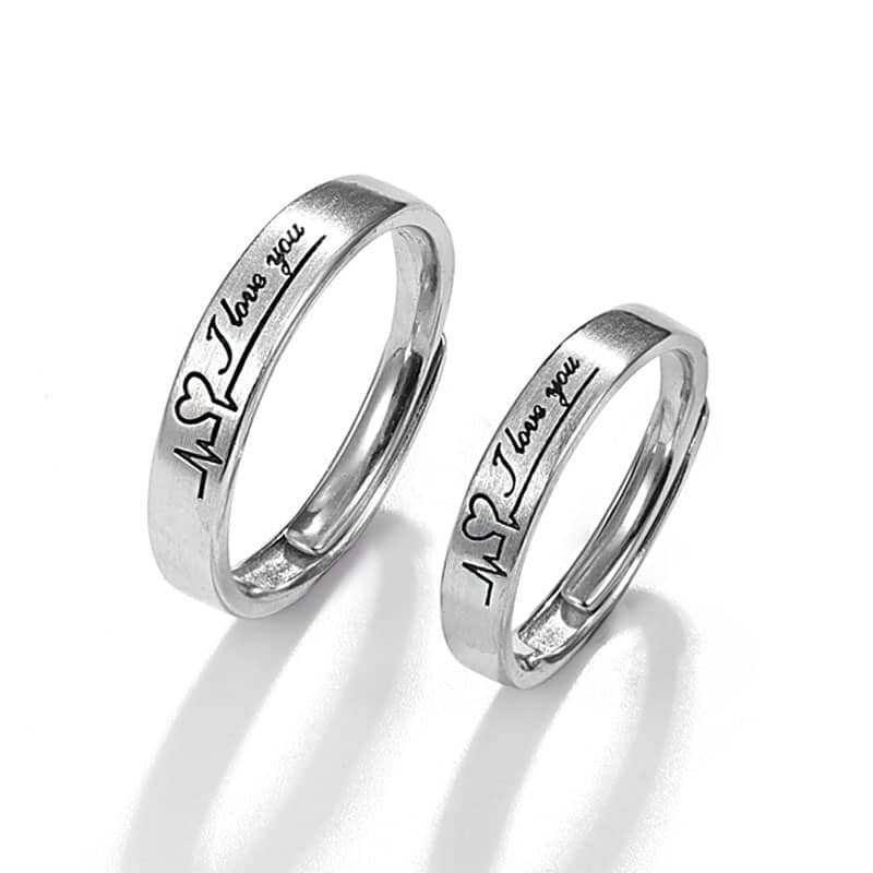 (image for) I Love You Black Engraved Matching Heart Beat Rings For Couples In Sterling Silver