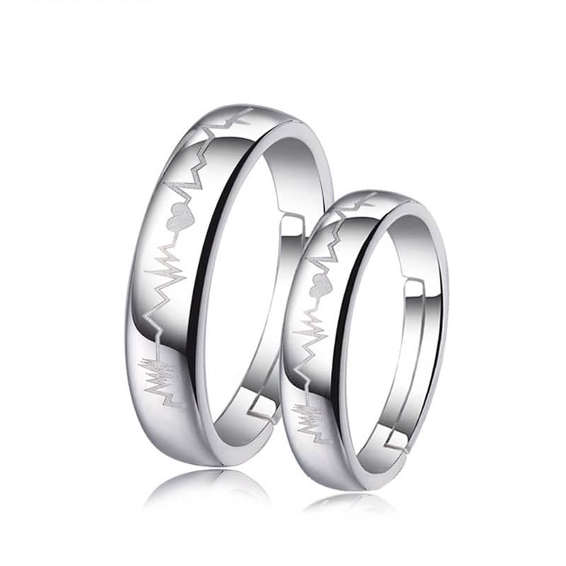 (image for) Heart + Heartbeat Engraved Adjustable Promise Rings Set for Couples, Domed Wedding Ring Band in 925 Sterling Silver, Matching Couple Jewelry for Him and Her