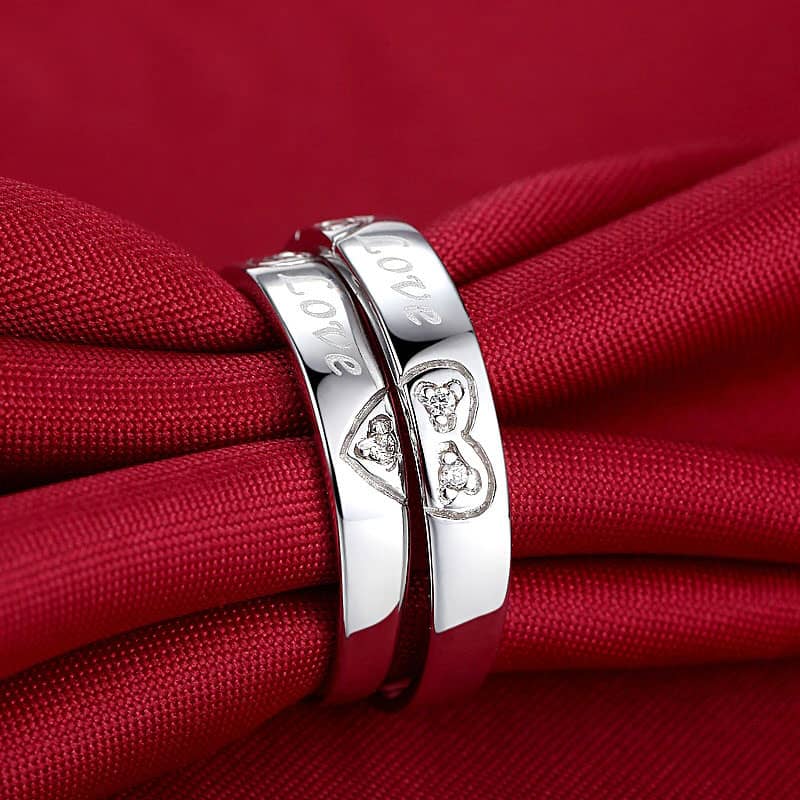 (image for) Sterling Silver Love Engraved Matching Heart Wedding Bands Set With CZ Diamonds