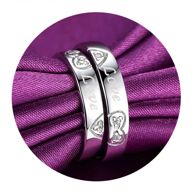 (image for) Sterling Silver Love Engraved Matching Heart Wedding Bands Set With CZ Diamonds