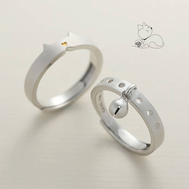 (image for) Matte Finish Silver Cute Matching Cat Ear Bell Rings For Best Friends