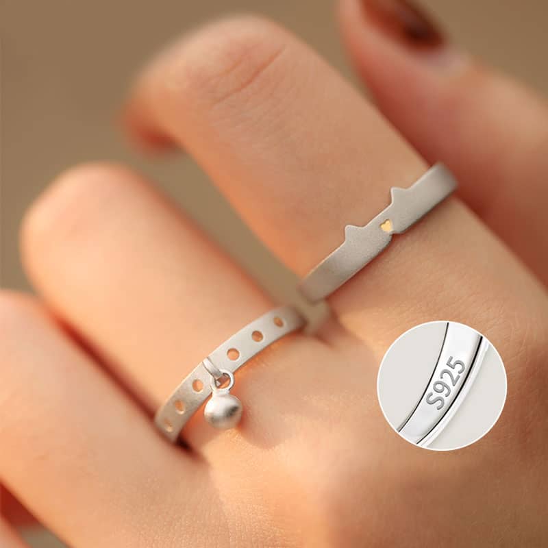 (image for) Matte Finish Silver Cute Matching Cat Ear Bell Rings For Best Friends