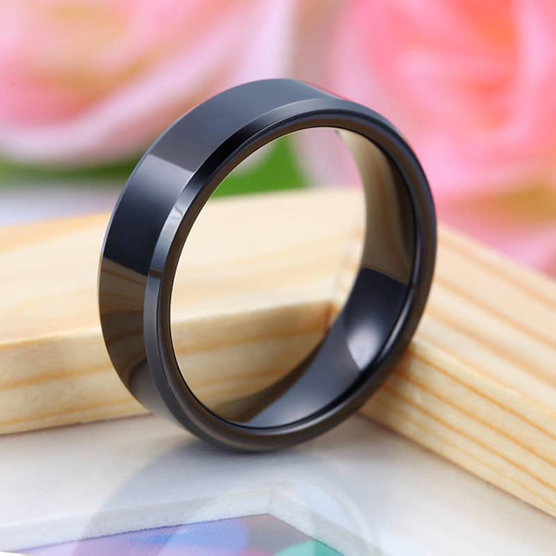 (image for) Black Tungsten Wedding Bands Set, Flat Beveled Edges Tungsten Carbide Wedding Bands for Men and Women, Personalized Ring - 4mm - 8mm, Matching Couples Jewelry for Him and Her