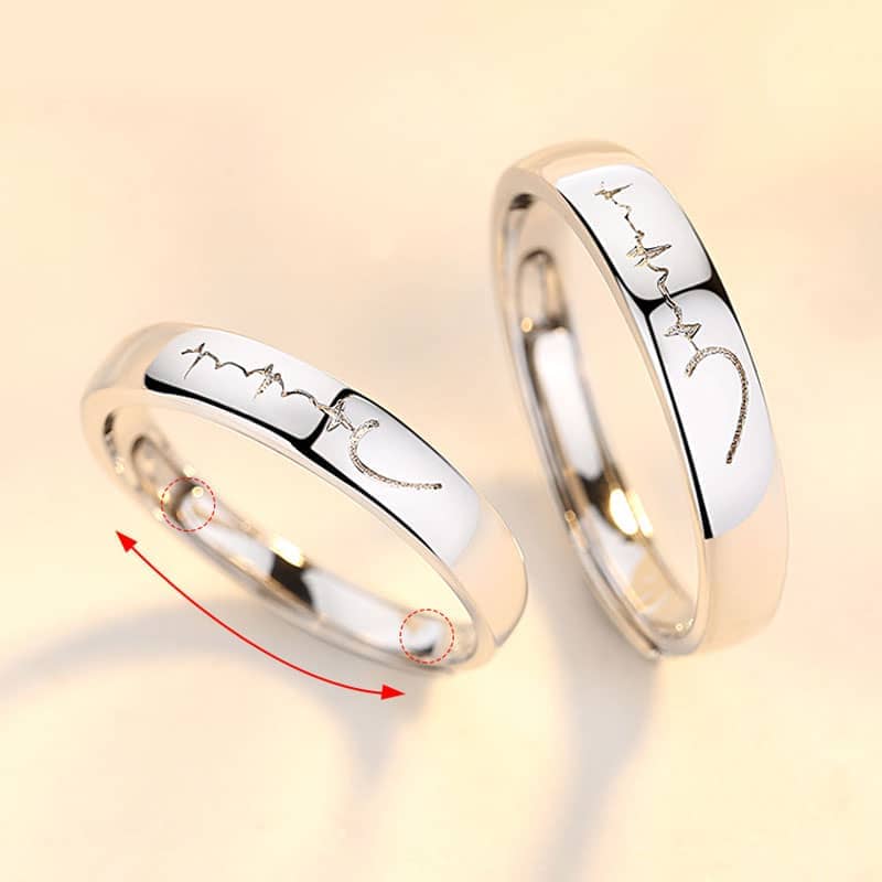 (image for) Matching Heart And Heartbeat Rings For Couples Adjustable Band In Polished 925 Sterling Silver
