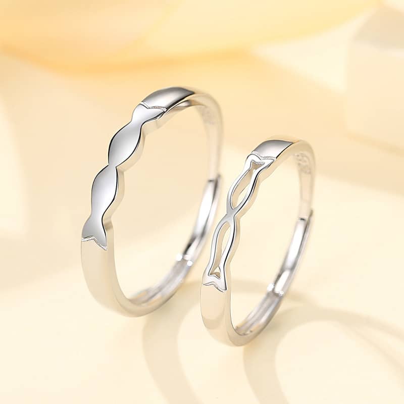 (image for) Cute Matching Couple Open Kissing Fish Rings In Sterling Silver