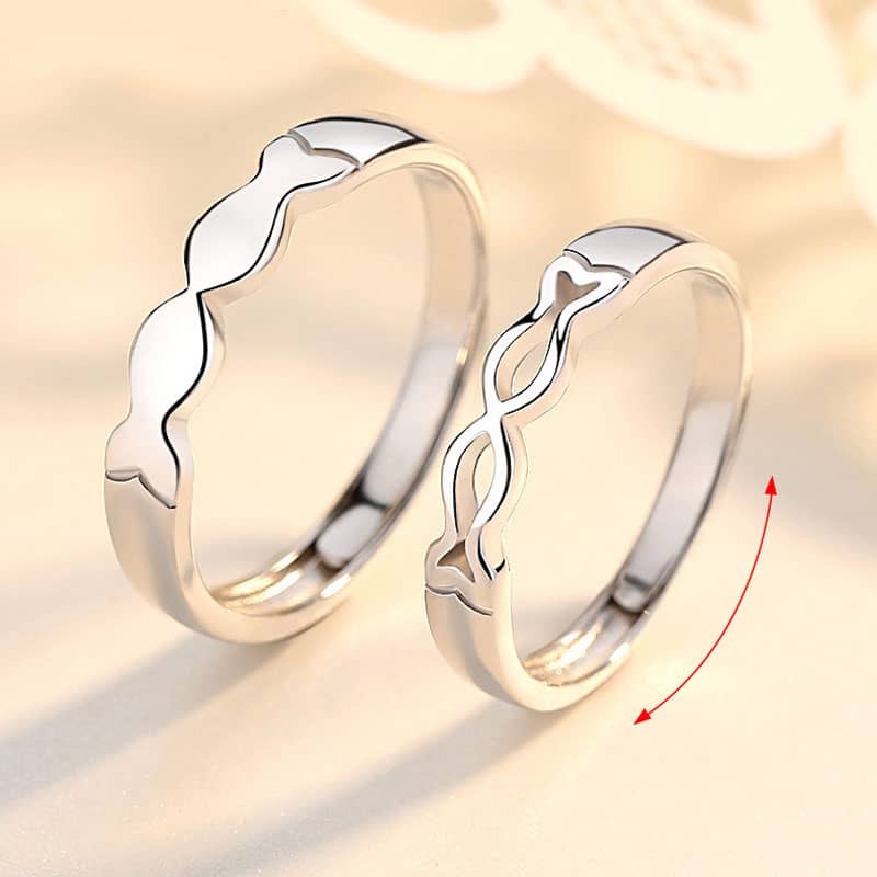 (image for) Cute Matching Couple Open Kissing Fish Rings In Sterling Silver