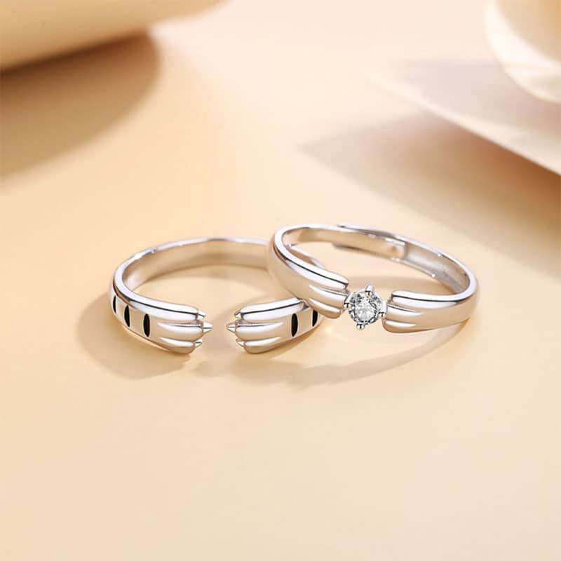 (image for) Matching Couple Silver Cat Paw Rings With CZ Diamond Cute Gift