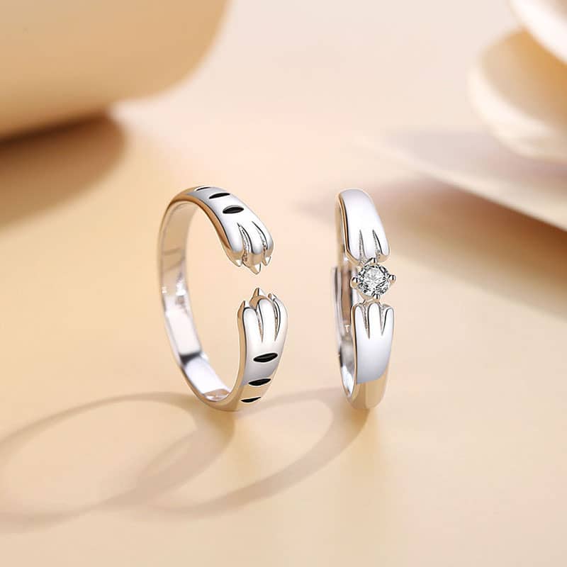 (image for) Matching Couple Silver Cat Paw Rings With CZ Diamond Cute Gift