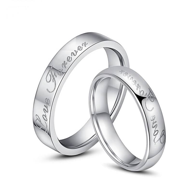 (image for) Love Forever Engraved Tungsten Wedding Bands, Flat + Domed Tungsten Carbide Wedding Rings Set for Women and Men - 4mm - 6mm, Matching His and Hers Jewelry for Couples