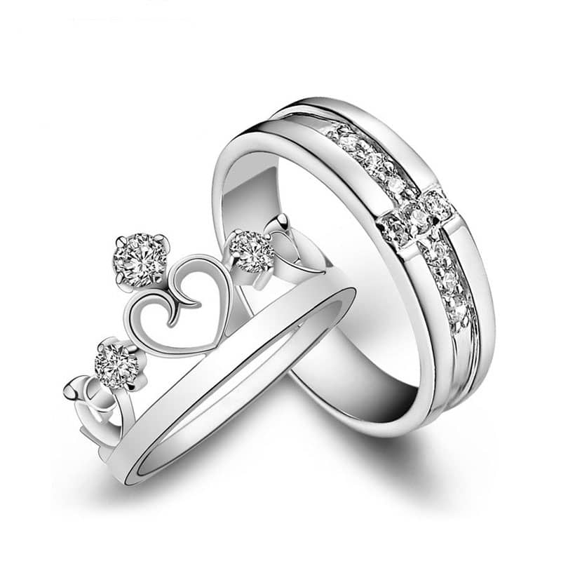 (image for) Crown Promise Rings For Couples, CZ Diamond Cross Wedding Band And Open Heart Ring Set in 925 Sterling Silver, Matching His And Hers Crown Rings