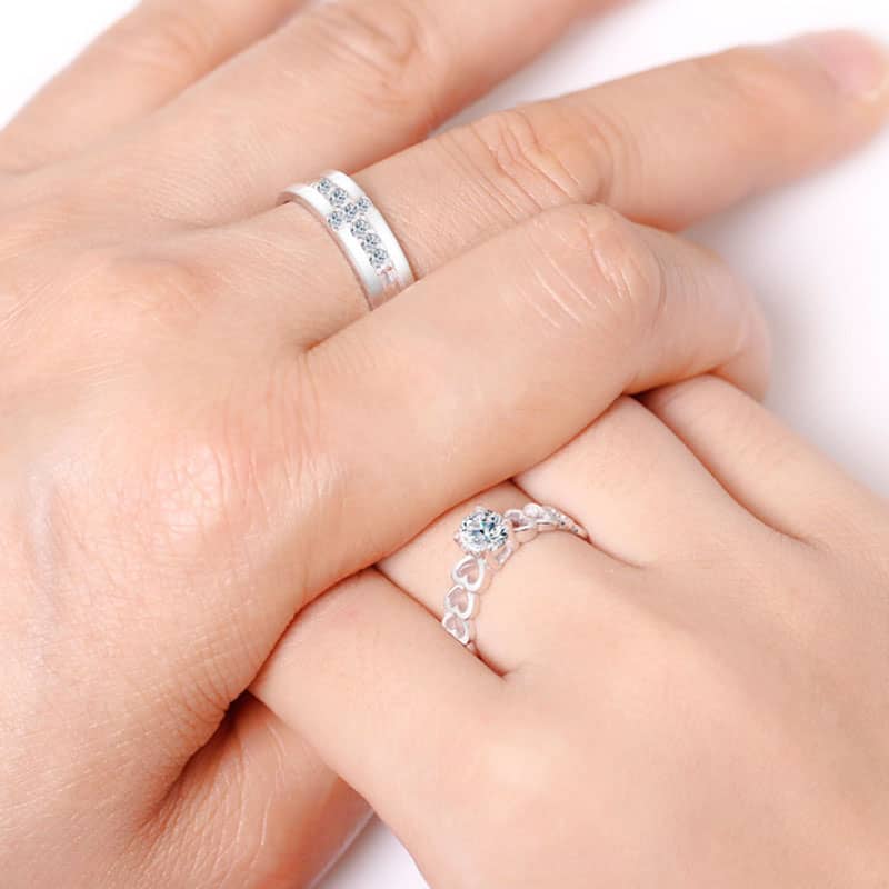 (image for) CZ Diamond Cross Wedding Band and Heart Link Engagement Ring Set, Personalized Promise Rings in 925 Sterling Silver, Matching His and Hers Jewelry for Couples