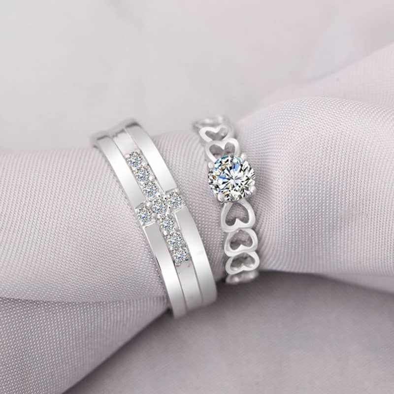 CZ Diamond Cross Wedding Band and Heart Link Engagement Ring Set, Personalized Promise Rings in 925 Sterling Silver, Matching His and Hers Jewelry for Couples (image for) CZ Diamond Cross Wedding Band and Heart Link Engagement Ring Set, Personalized Promise Rings in 925 Sterling Silver, Matching His and Hers Jewelry for Couples