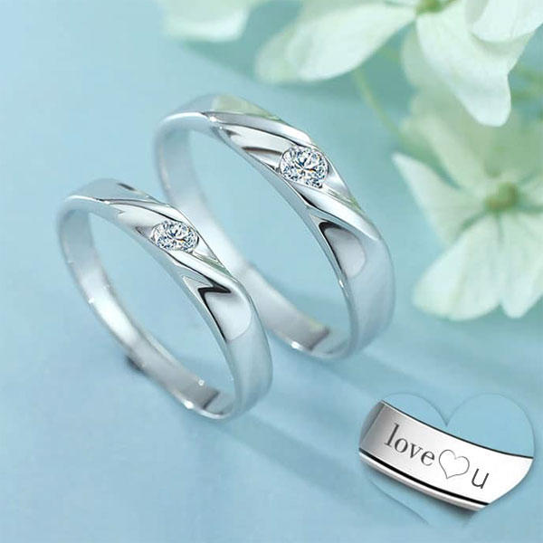 (image for) Simple Wave Promise Rings for Couples, 925 Sterling Silver Polished Wedding Ring Band with Cubic Zirconia Diamond, Matching Couple Jewelry Set for Him and Her