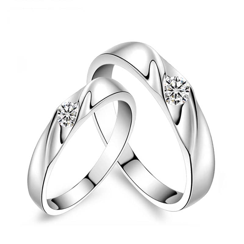 (image for) Simple Wave Promise Rings for Couples, 925 Sterling Silver Polished Wedding Ring Band with Cubic Zirconia Diamond, Matching Couple Jewelry Set for Him and Her