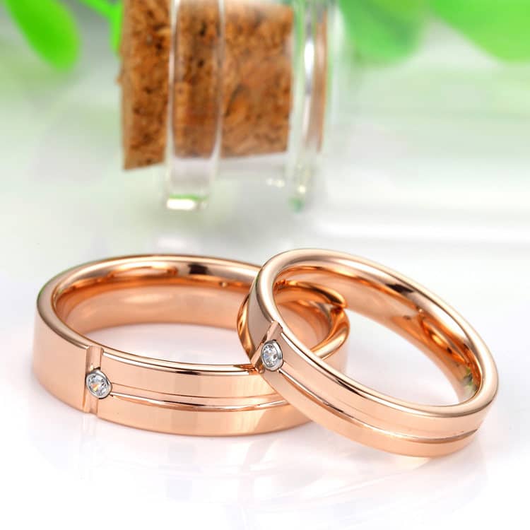 (image for) Rose Gold Tungsten Wedding Bands for Women and Men, Tungsten Carbide Engagement Ring with Grooves & Diamond - 4mm - 5mm, Matching Couple Jewelry for Him and Her