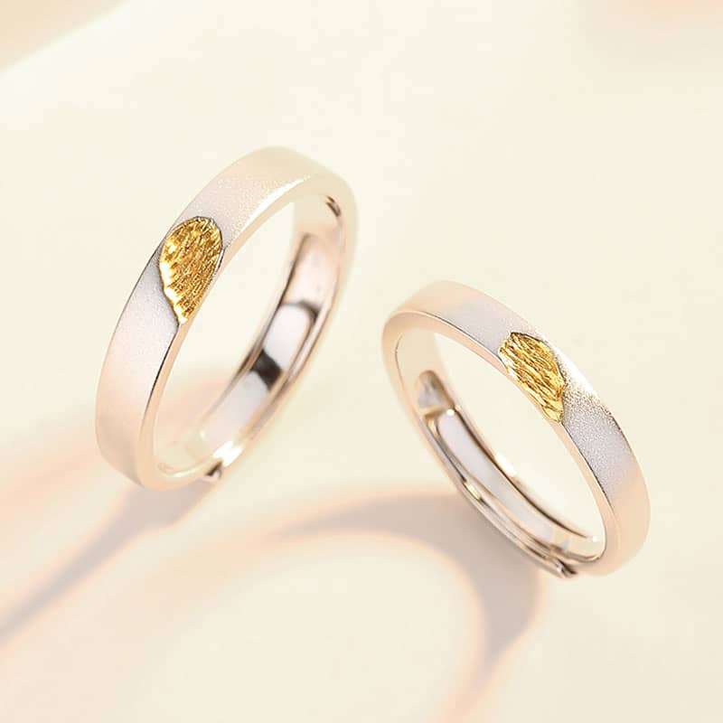 (image for) 18K Gold Plated Matching Couple Heart Promise Rings Adjustable Size In 925 Sterling Silver - Matte Finish