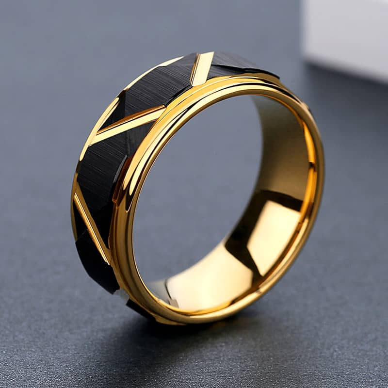 (image for) Matching Gold Tungsten Wedding Bands With Grooves, Step-Edge Tungsten Carbide Wedding Ring Band - 6mm - 8mm, Couples Tungsten Jewelry Set For Women And Men