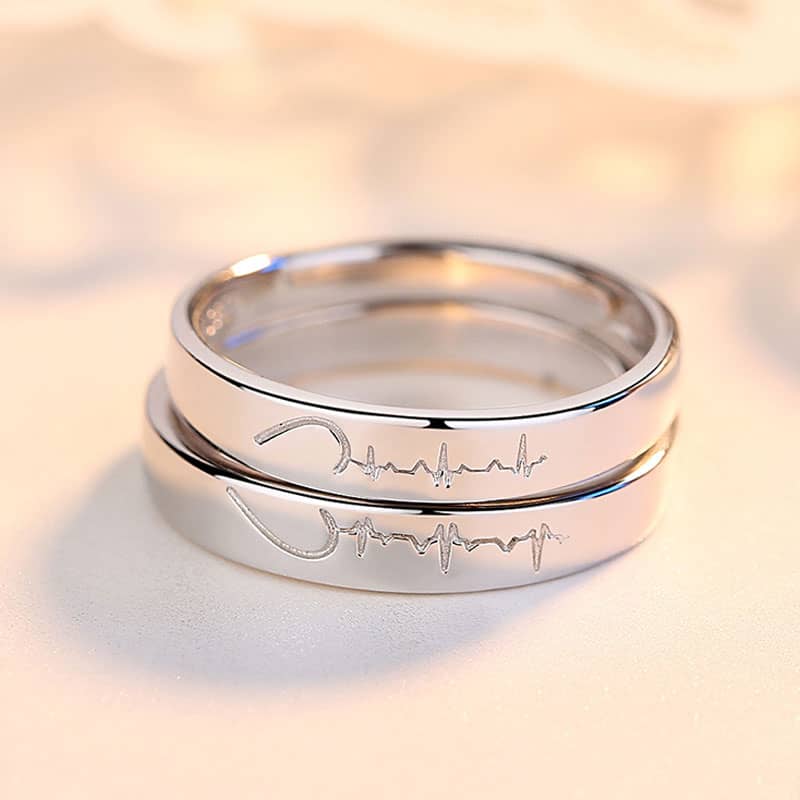 (image for) Sterling Silver Matching Heart And Heartbeat Love Rings Set For Couples