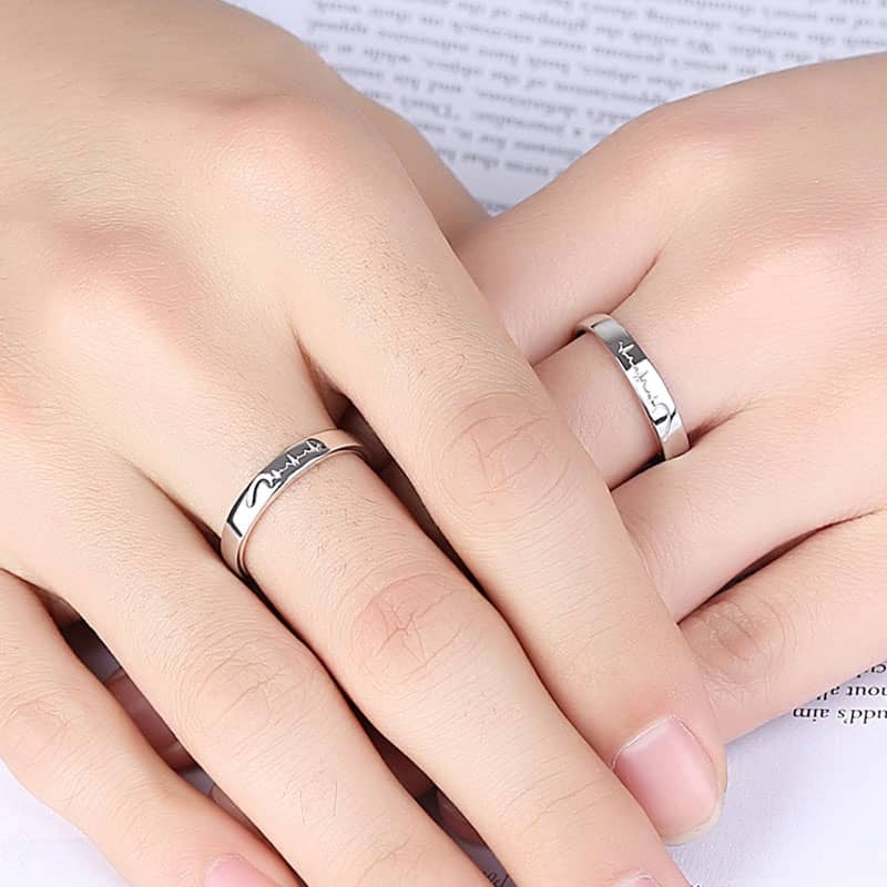 (image for) Sterling Silver Matching Heart And Heartbeat Love Rings Set For Couples