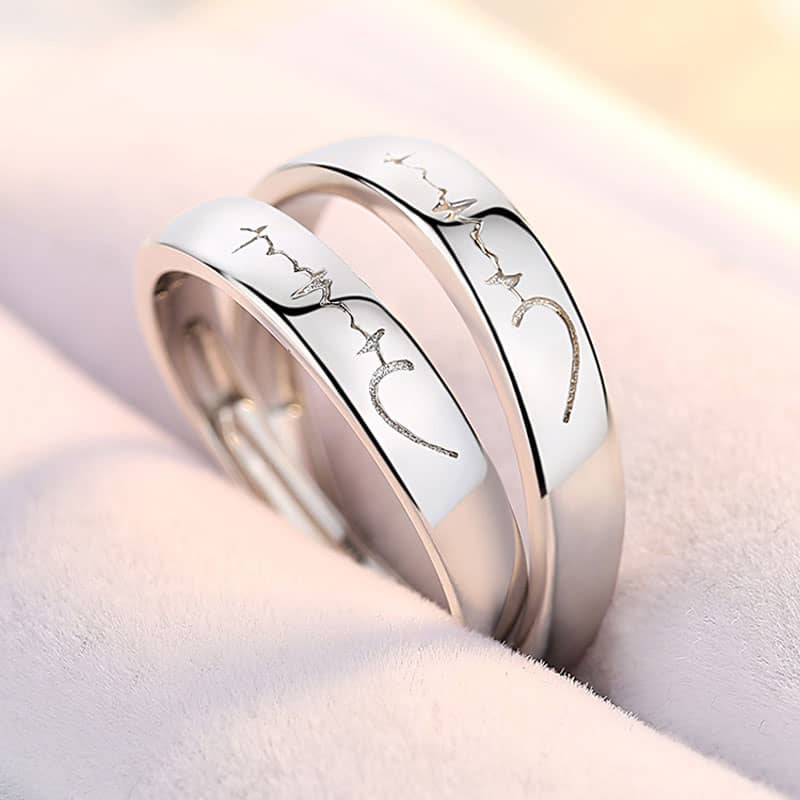 (image for) Sterling Silver Matching Heart And Heartbeat Love Rings Set For Couples