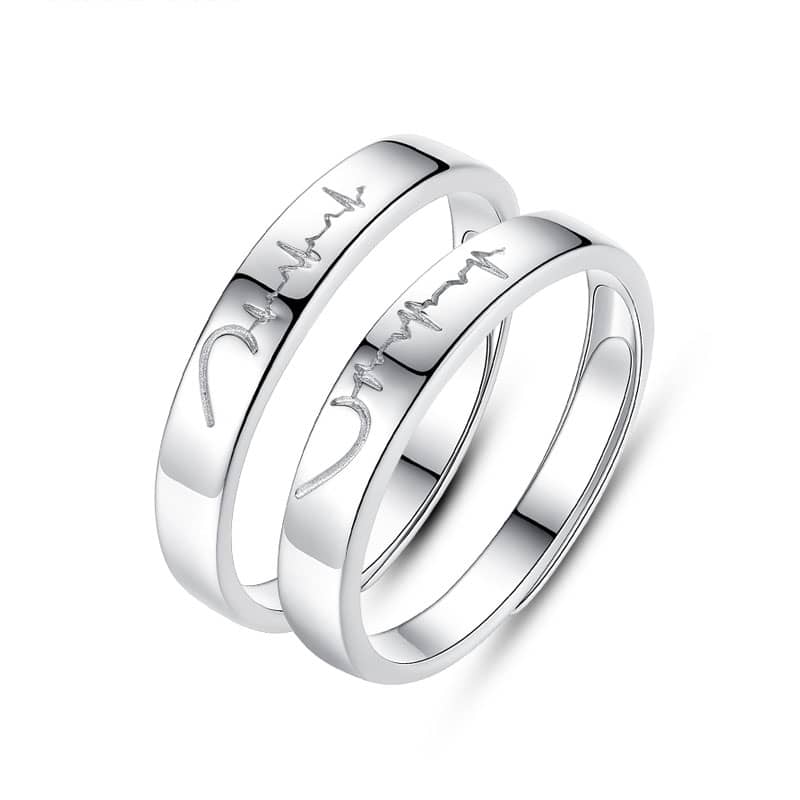 (image for) Sterling Silver Matching Heart And Heartbeat Love Rings Set For Couples