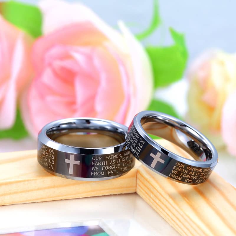 (image for) Holy Bible and Cross Laser Engraved Tungsten Wedding Bands Set, Tungsten Carbide Wedding Ring Band with Black Center & Beveled Edges, Matching Jewelry for Couples