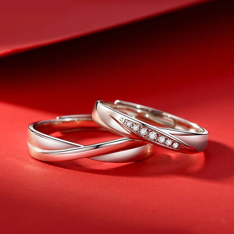 (image for) Sterling Silver Infinity Wave Matching Couple X Rings Set With Diamond Accents