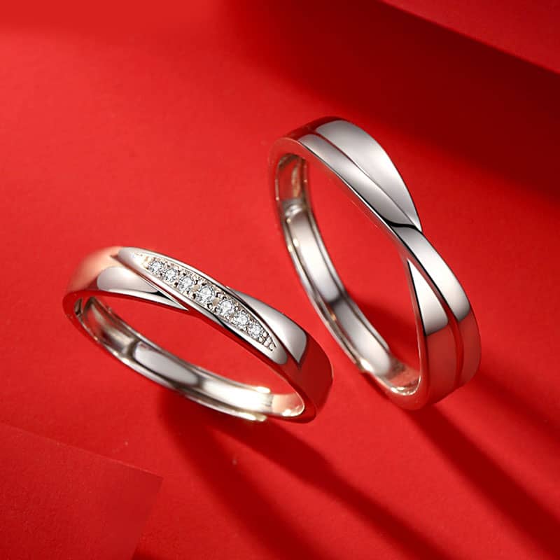 (image for) Sterling Silver Infinity Wave Matching Couple X Rings Set With Diamond Accents