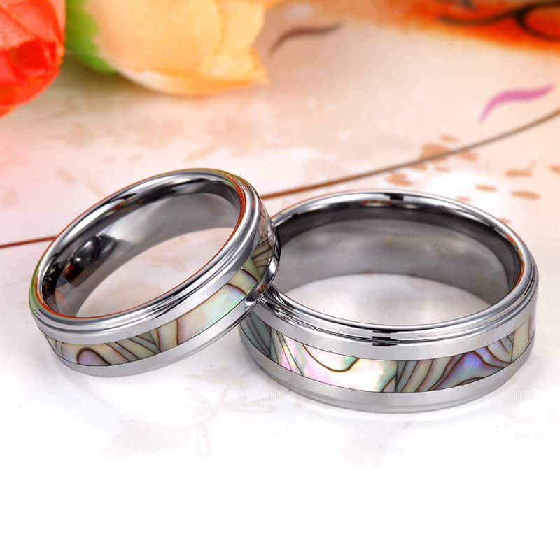 (image for) Mother of Pearl Inlaid Tungsten Wedding Bands Set for Women and Men, Unique Tungsten Carbide Wedding Ring Band - 6mm - 8mm, Matching Couple Jewelry for Him and Her