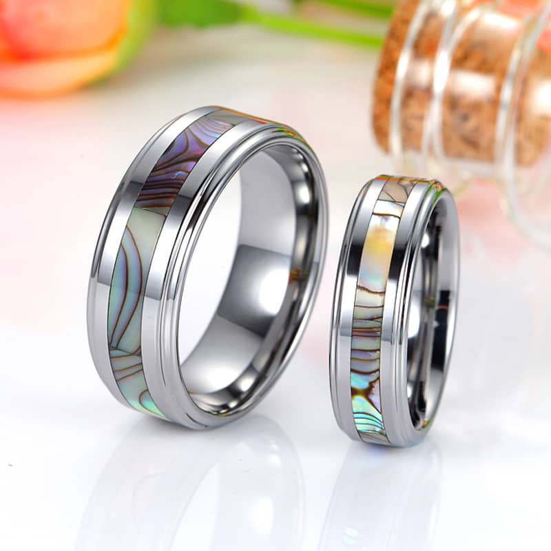 (image for) Mother of Pearl Inlaid Tungsten Wedding Bands Set for Women and Men, Unique Tungsten Carbide Wedding Ring Band - 6mm - 8mm, Matching Couple Jewelry for Him and Her