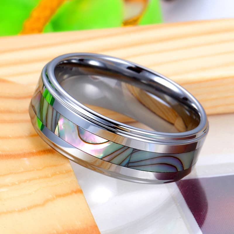 (image for) Mother of Pearl Inlaid Tungsten Wedding Bands Set for Women and Men, Unique Tungsten Carbide Wedding Ring Band - 6mm - 8mm, Matching Couple Jewelry for Him and Her