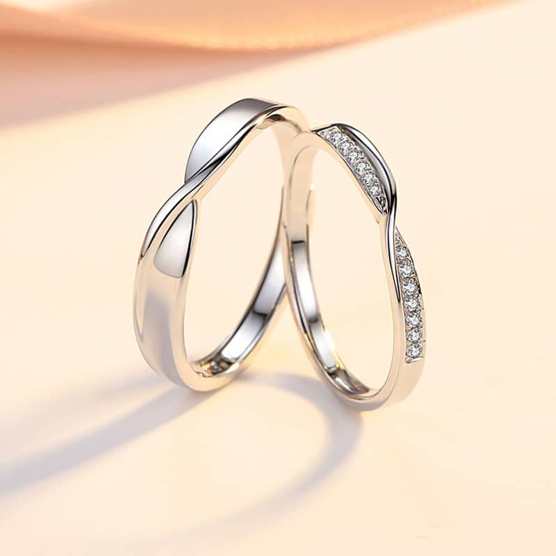 (image for) Sterling Silver Matching Mobius Infinity Knot Rings Set With Diamond Accents