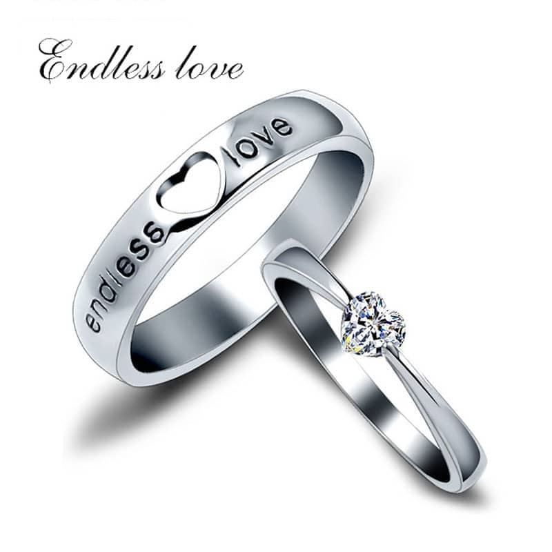 (image for) Endless Love Wedding Band & Heart-Cut CZ Diamond Engagement Ring Matching Set