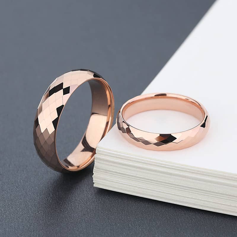 (image for) Rose Gold Plated Tungsten Wedding Bands Set, Domed + Faceted Tungsten Carbide Wedding Rings for Women and Men - 4mm - 6mm, Matching His and Hers Jewelry for Couples