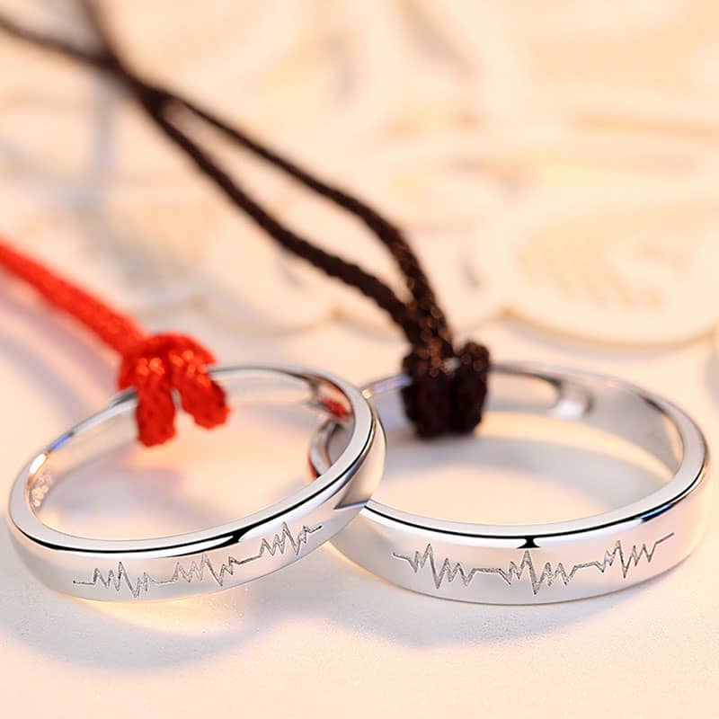 (image for) Matching Couple Heartbeat Engraved Promise Rings Set In Sterling Silver