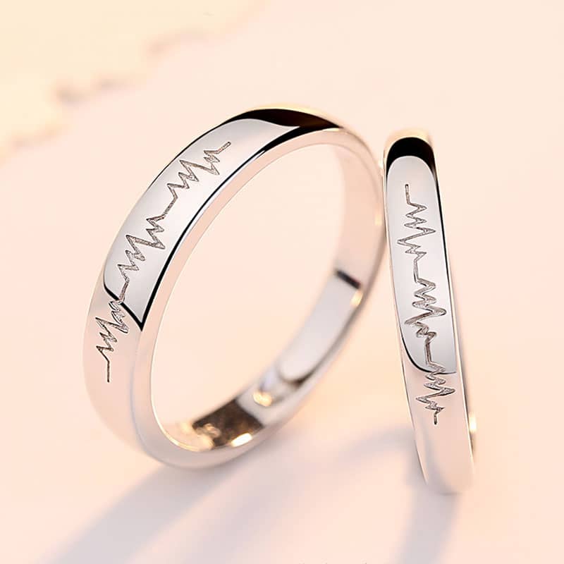 (image for) Matching Couple Heartbeat Engraved Promise Rings Set In Sterling Silver