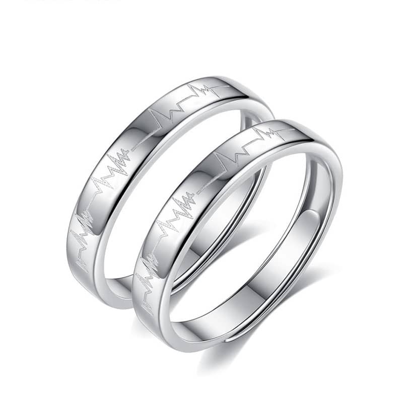 (image for) Matching Couple Heartbeat Engraved Promise Rings Set In Sterling Silver