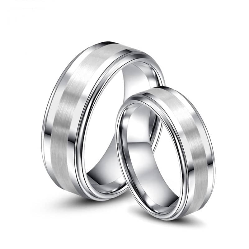 (image for) Step-Edge Tungsten Wedding Bands Set for Women & Men, Tungsten Carbide Wedding Ring with Brushed Center - 6mm - 8mm, Matching His and Hers Jewelry for Couples