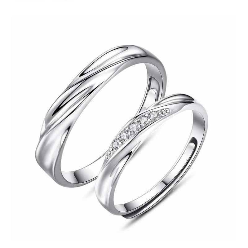 (image for) Simple Wave Promise Rings for Couples, 925 Sterling Silver Wedding Ring Band with Cubic Zirconia Diamond Accents, Matching Couple Jewelry Set for Him and Her