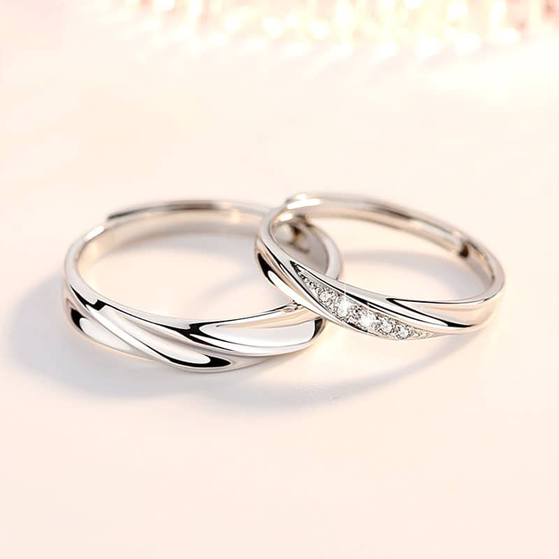 (image for) Matching Sterling Silver Wave Promise Rings For Couples Men And Women Set