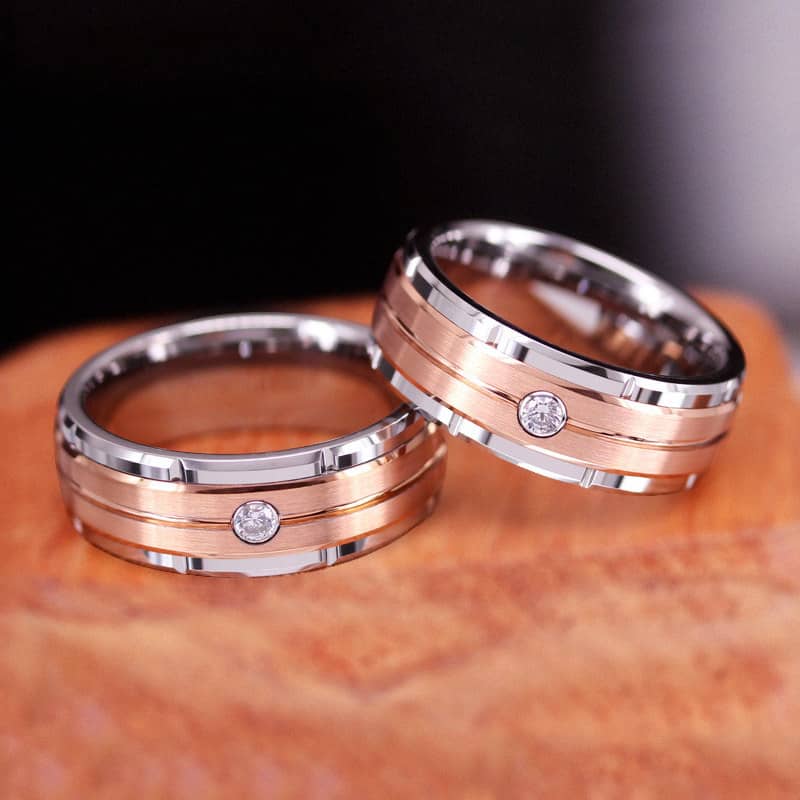 (image for) Mens Tungsten Wedding Bands With CZ Diamond And Brushed Rose Gold Center, Unique Tungsten Carbide Wedding Ring With Grooves - 8mm, Matching Tungsten Jewelry Set