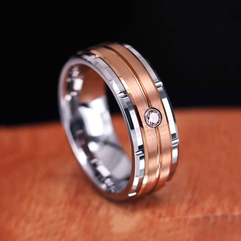 (image for) Mens Tungsten Wedding Bands With CZ Diamond And Brushed Rose Gold Center, Unique Tungsten Carbide Wedding Ring With Grooves - 8mm, Matching Tungsten Jewelry Set